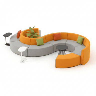 A contemporary modular sectional sofa system arranged in an S-shape, featuring two-tone upholstery in vibrant orange and light grey. The system includes multiple curved seating segments, one central segment with an integrated planter, and is accompanied by two small, distinctively shaped side tables in black and white. Several accent pillows in orange and green are placed on the seating. — 3D model (AI enhanced source)