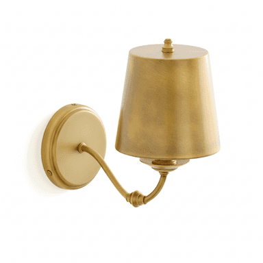 A single-arm wall sconce featuring a conical metal shade with a brushed brass finish, mounted on a round backplate, with an articulated joint on the arm. — 3D model (AI enhanced source)