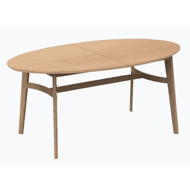 An oval-shaped dining table constructed from light-toned wood, featuring splayed, tapered legs connected by a central stretcher. The tabletop has a visible seam down its center, suggesting an extendable mechanism or a split leaf design. The aesthetic is clean, minimalist, and contemporary. — 3D model (AI enhanced source)