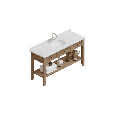 A transitional bathroom vanity featuring a light natural wood frame, a white marble countertop, and an integrated undermount ceramic sink with a polished chrome faucet. The unit includes two functional drawers with simple round pulls and a spacious open lower shelf for storage and display, supported by four tapered legs. — 3D model (AI enhanced source)