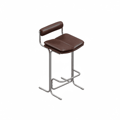 A modern bar stool featuring a gleaming tubular chrome frame and upholstered in rich brown leather. It has a padded square seat and a small, padded backrest for comfort, along with an integrated footrest. — 3D model (AI enhanced source)