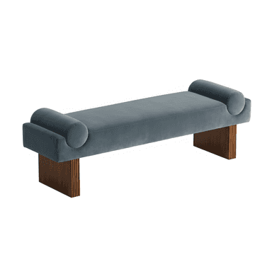 A modern daybed featuring a long, rectangular upholstered cushion with cylindrical bolsters integrated into each end. The seating surface is covered in a plush teal/slate blue velvet fabric. It rests upon two substantial, rectangular block legs made of dark-toned wood, characterized by a fluted or reeded texture on their outward-facing sides. The design is backless, emphasizing a sleek, contemporary profile. — 3D model (AI enhanced source)
