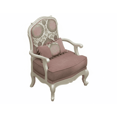 A single upholstered armchair with an ornate carved wooden frame, featuring a high, slightly curved back and padded armrests. The backrest is upholstered in a floral pattern of pink and off-white, while the seat cushion and armrests are solid pink. The frame is finished in a light, possibly cream or silver-gilt tone, with cabriole legs and scrolled details. A small matching bolster pillow with ruffled trim is included. — 3D model (AI enhanced source)