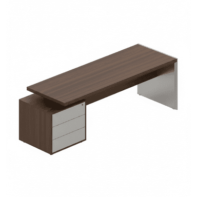 A modern executive desk featuring a dark brown wood grain laminate or veneer top and an integrated storage unit. The desk has an asymmetrical design with one end supported by a sleek silver-colored metal panel leg and the other end cantilevered over a three-drawer filing cabinet. The drawer fronts are also silver-colored, providing a contrasting aesthetic. A lock mechanism is visible on the top drawer of the cabinet. — 3D model (AI enhanced source)