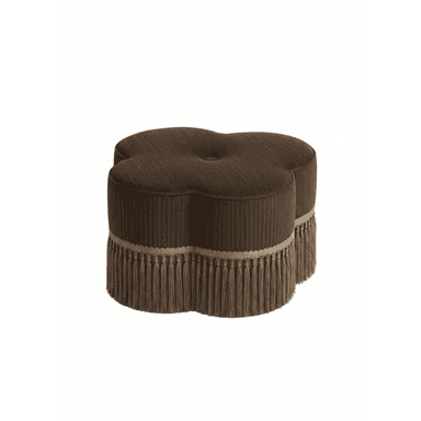 A dark brown, clover-shaped ottoman featuring ribbed upholstery fabric and a decorative fringe trim around its base. A single button tuft is visible on the top surface. — 3D model (AI enhanced source)