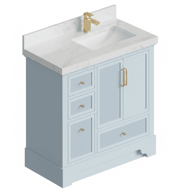 A light blue bathroom vanity with a white marble countertop and an integrated white ceramic sink. It features a brass single-hole faucet and matching brass hardware. The cabinet includes three vertically stacked drawers on the left, a single door cabinet on the top right, and a horizontal drawer below the door. The drawer and door fronts are adorned with vertical fluted paneling. The vanity stands on a plinth base with a decorative cut-out on the bottom right. — 3D model (AI enhanced source)