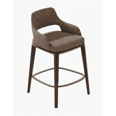 A tall, upholstered bar stool featuring a dark wood frame and an integrated seat and backrest with armrests, designed for counter or bar height seating. — 3D model (AI enhanced source)