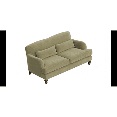 A two-seater sofa, also known as a loveseat, upholstered in a muted sage green fabric, featuring classic rolled arms, two loose seat cushions, two loose back cushions, and four dark turned wooden legs. — 3D model (AI enhanced source)