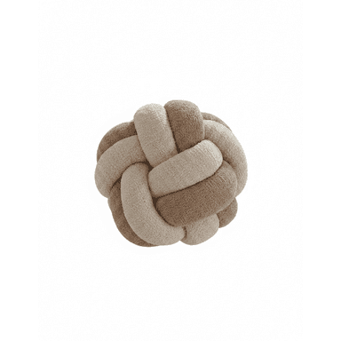 A decorative cushion featuring a complex, spherical knot design made from two intertwined tubular fabric elements, one beige and one brown, showcasing a soft, textured finish. — 3D model (AI enhanced source)