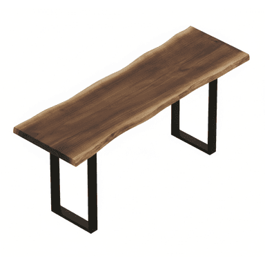 A contemporary bench featuring a live-edge walnut wood slab top and two black industrial-style U-shaped metal legs. The wood top displays natural, organic contours and rich grain patterns, while the metal base provides a clean, modern contrast. — 3D model (AI enhanced source)