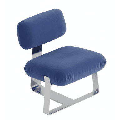 A modern, armless low-profile lounge chair featuring plush blue velvet-like upholstery and a polished chrome or stainless steel sled base. — 3D model (AI enhanced source)