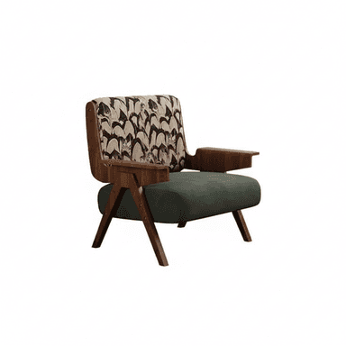An armchair featuring a visible dark wood frame with a patterned upholstered backrest and a solid dark green upholstered seat cushion. The chair exhibits a distinctive Mid-Century modern aesthetic with its angled legs and integrated wooden armrests. — 3D model (AI enhanced source)