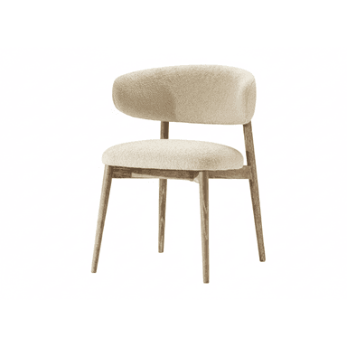 An armless chair featuring a light-colored wooden frame with a gently curved, upholstered backrest and a matching upholstered seat. — 3D model (AI enhanced source)
