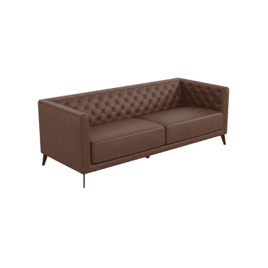 A contemporary two-seater sofa featuring deep button tufting on the backrest and interior armrests, upholstered in a rich brown leather or faux leather. The sofa has a sleek, boxy silhouette with clean lines and stands on slender, angled black metal legs. It includes two removable seat cushions. — 3D model (AI enhanced source)