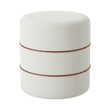 A contemporary cylindrical ottoman featuring off-white textured fabric upholstery and two thin, dark brown decorative bands encircling its body. — 3D model (AI enhanced source)