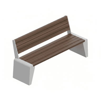 A modern outdoor bench featuring dark brown wooden or composite slats for the seat and backrest, supported by two sturdy, light grey concrete-like bases. The design is minimalist, with clean lines and an integrated backrest. — 3D model (AI enhanced source)