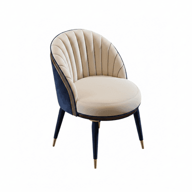 An elegant accent chair featuring a rounded silhouette and a blend of two-tone upholstery with metallic accents. The backrest shows vertical channel tufting, and the legs are tapered with gold tips. — 3D model (AI enhanced source)