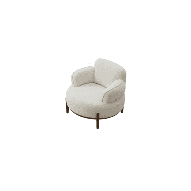 A modern, rounded accent chair upholstered in a light, neutral-toned fabric, featuring a continuous backrest and integrated armrests, supported by short, tapered wooden legs. — 3D model (AI enhanced source)
