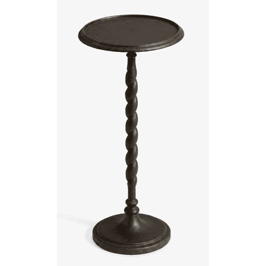 A small, dark bronze-colored accent table featuring a distinctive barley twist central column. The table has a round, tray-style top with a slightly raised edge and a matching round, fluted base. The entire piece appears to be made of metal, likely cast iron, with a textured, matte finish. — 3D model (AI enhanced source)