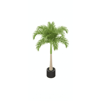A 3D render of a potted palm plant, depicted with lush green fronds, a light brown trunk, and housed in a round, dark gray pot. The image is presented from a slightly elevated isometric view against a plain white background. — 3D model (AI enhanced source)