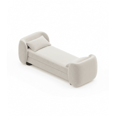 A modern daybed featuring a long, rectangular upholstered surface with two identical, generously rolled ends that serve as armrests or backrests. It is covered in a light, neutral-toned textured fabric, accompanied by a matching rectangular throw pillow. The daybed rests on a low, recessed base with small dark feet. — 3D model (AI enhanced source)