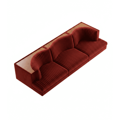 A long, contemporary modular seating unit featuring deep red channel-tufted velvet upholstery. It has a distinct long, curved backrest which transitions into an integrated wooden shelf or table surface. The seat cushions are also channel-tufted, providing a ribbed texture. The overall form suggests a lounge or public seating application, combining comfort with functional surface space. — 3D model (AI enhanced source)