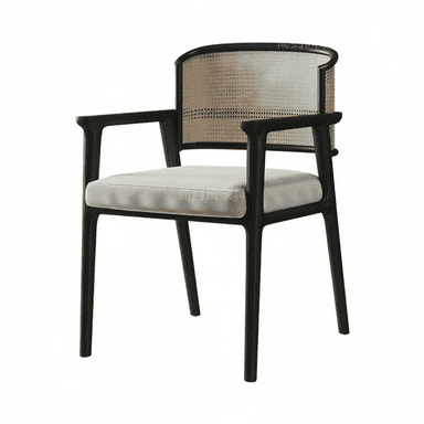 A modern armchair featuring a dark-stained wooden frame, a curved backrest with natural woven cane webbing, and a light-colored upholstered seat cushion. — 3D model (AI enhanced source)