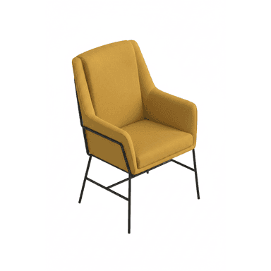 An upholstered armchair featuring a vibrant mustard yellow fabric and a sleek, minimalist black metal frame. — 3D model (AI enhanced source)