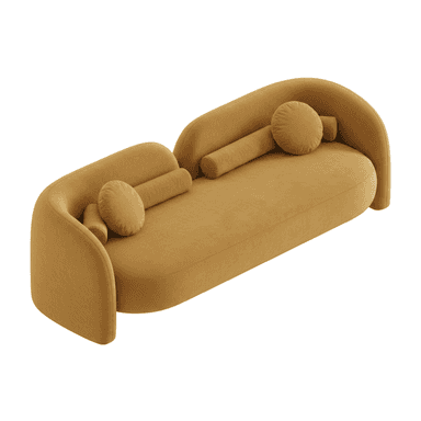 A long, curved, asymmetrical upholstered seating unit in golden-yellow velvet, featuring an integrated back and armrest design, accompanied by bolster and round accent cushions. — 3D model (AI enhanced source)