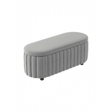 An oval-shaped upholstered bench in light grey fabric, featuring vertical channel tufting along its sides and supported by small, discreet black feet. — 3D model (AI enhanced source)