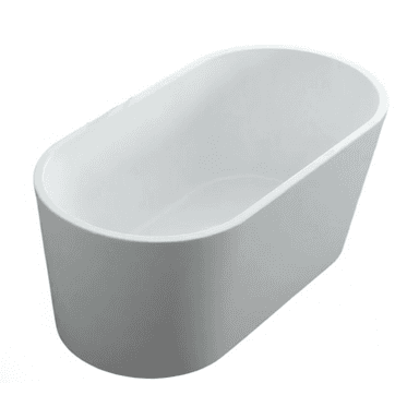 A pristine white freestanding bathtub with a contemporary oval shape. The tub features smooth, seamless construction and a deep basin, indicative of modern design. It is presented against a stark white background, emphasizing its clean lines and minimalist aesthetic. — 3D model (AI enhanced source)