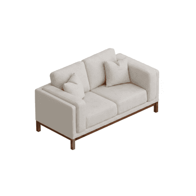 A modern two-seater loveseat featuring light beige fabric upholstery, track arms, two seat cushions, two back cushions, and two matching throw pillows, all supported by an exposed dark wood base and block legs. — 3D model (AI enhanced source)