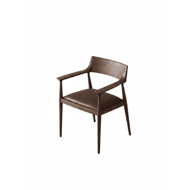 A sophisticated Mid-Century Modern armchair crafted from dark wood with a gently curved backrest and integrated armrests, featuring a comfortable dark brown upholstered seat. — 3D model (AI enhanced source)