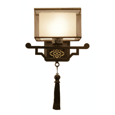 A traditional Asian-inspired wall sconce featuring a rectangular fabric shade mounted on a decorative dark metal backplate. The backplate incorporates traditional geometric patterns and a central stylized floral motif, finished with a dark, possibly bronze-toned, metal. A decorative tassel hangs from the bottom of the fixture. — 3D model (AI enhanced source)