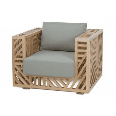A modern armchair featuring a boxy, open-work frame crafted from light-toned wood with an intricate geometric slatted pattern. The chair includes a plush light gray fabric seat cushion and a matching back cushion, providing a comfortable seating surface within its architectural structure. The design emphasizes clean lines and a contemporary aesthetic. — 3D model (AI enhanced source)
