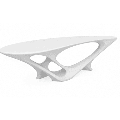 A sculptural, organic-shaped coffee table with a smooth, matte white finish. The design features an elongated, slightly curved tabletop supported by an intricate, hollow base with flowing lines and open spaces, creating an avant-garde aesthetic. — 3D model (AI enhanced source)