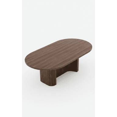 An oval-shaped coffee table crafted from dark brown walnut wood. It features a smooth, elliptical tabletop and a distinctive, curved pedestal base composed of closely set vertical slats or fluting, giving it a modern and sculptural appearance. The design emphasizes clean lines and natural wood textures. — 3D model (AI enhanced source)
