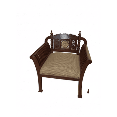 An ornate wooden accent chair featuring a dark stained frame, an upholstered seat cushion, and a richly carved backrest with a decorative ceramic tile inlay. The armrests are solid, curved panels with slatted detailing on the interior. — 3D model (AI enhanced source)