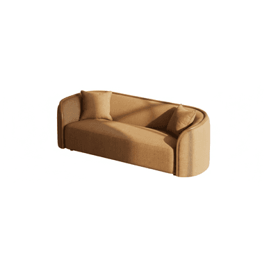 A modern, asymmetrical sofa or daybed upholstered in a textured beige fabric, featuring a continuous curved wooden frame that acts as a partial backrest and armrest, tapering off on one side. It includes two matching throw pillows. — 3D model (AI enhanced source)
