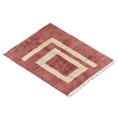 A rectangular area rug featuring a prominent geometric pattern. The rug is primarily a deep maroon or burgundy color, with the pattern rendered in a contrasting cream or off-white hue. The pattern consists of a series of nested, open rectangles, creating a modern, graphic effect. The edges of the rug show short, matching fringes, indicating a woven construction. The pile appears plush and soft. — 3D model (AI enhanced source)