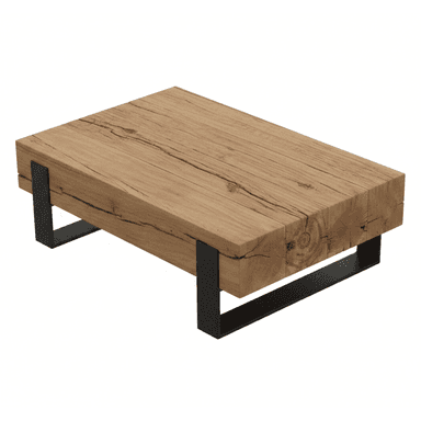 A rustic industrial coffee table featuring a thick, rectangular slab of natural wood as its top, supported by a minimalist black metal base. The wood displays prominent grain, natural cracks, and imperfections, suggesting a distressed or reclaimed character. The metal base consists of two 'U'-shaped frames, providing a sturdy, open support structure. — 3D model (AI enhanced source)