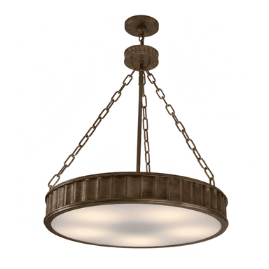 A rustic-style chandelier featuring a drum-shaped shade with a ribbed metal band around its circumference. The fixture is suspended from the ceiling by a series of metal chains, attached to a decorative ceiling canopy. The shade appears to be made of frosted glass, diffusing light from internal bulbs. — 3D model (AI enhanced source)