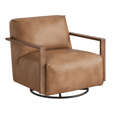 A swivel armchair upholstered in brown leather with a wooden frame and a circular black metal base. The armchair features a contemporary design with clean lines and squared armrests. — 3D model (AI enhanced source)