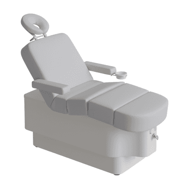 A light gray adjustable hydraulic treatment chair, designed for spa, salon, or medical aesthetic applications. It features segmented upholstered cushions for the backrest, seat, and leg rest, allowing for multi-position recline. The headrest is adjustable and includes a removable face cradle. Padded armrests are present, with one featuring an attached cup holder. The chair is supported by a robust, solid, light gray base, likely housing hydraulic or electric adjustment mechanisms. — 3D model (AI enhanced source)