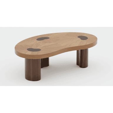 An organic modern coffee table featuring a distinct bean-shaped top crafted from a light-toned wood veneer with a radial sunburst pattern. The top is accented by several irregularly shaped, darker brown wood inlays. It is supported by three robust, dark wood cylindrical legs. — 3D model (AI enhanced source)