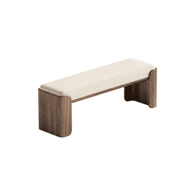 A modern bench featuring a dark wood, U-shaped frame and a light-colored upholstered cushion. The design is minimalist with clean lines and rounded edges. — 3D model (AI enhanced source)