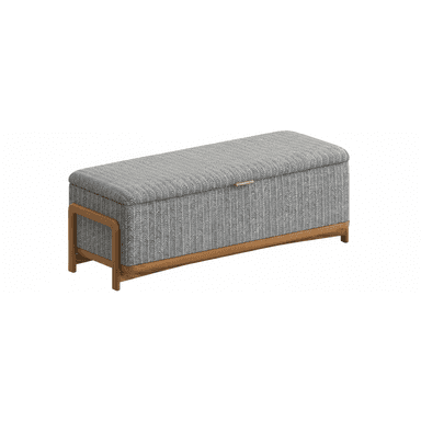 An upholstered storage bench featuring a grey and white herringbone pattern fabric and an exposed light-toned wooden frame. The top functions as a lift-lid with a small brass pull handle. — 3D model (AI enhanced source)