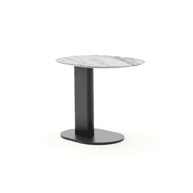 A modern accent table featuring an irregular, organically shaped marble top and a dark-finished, minimalist pedestal base with an oval foot. — 3D model (AI enhanced source)