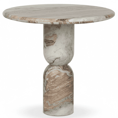 A contemporary side table crafted entirely from natural marble, featuring a round top and a distinctive pedestal base composed of two stacked, rounded sculptural elements. The marble exhibits natural veining in shades of white, grey, and reddish-brown. — 3D model (AI enhanced source)