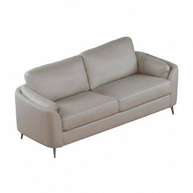 A contemporary two-seater sofa upholstered in light grey leather, featuring a low profile and clean lines. It has two individual seat cushions, two back cushions, and two integrated bolster cushions within the curved armrests. The sofa is supported by slender, tapered brass-finished metal legs, providing a modern aesthetic. — 3D model (AI enhanced source)